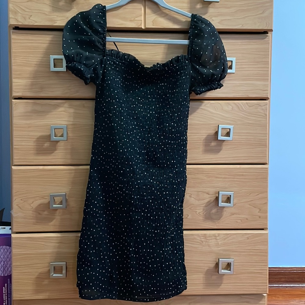 Forever 21 XS Off the Shoulder Black polka dot Ruffle dress